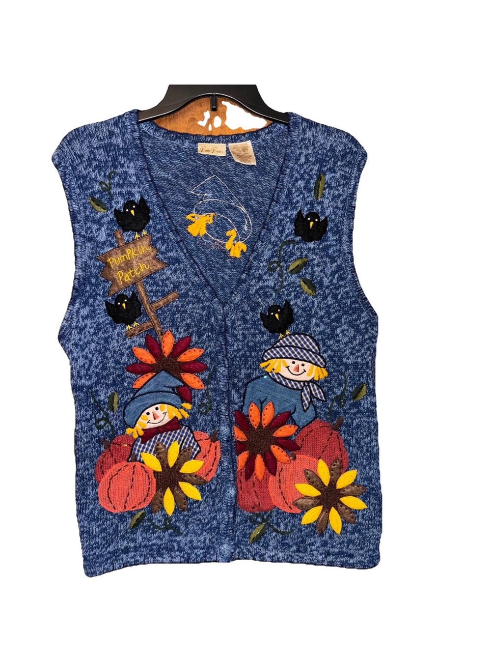 LargeVintage Bobbie Brooks Blue Knit V-Neck Vest with Fall Pumpkins & Scarecrow